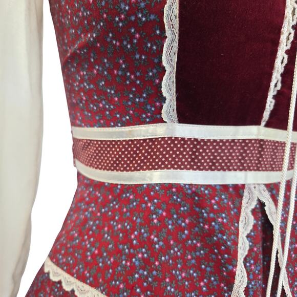 Gunne Sax Peplum Midi Dress Size 9 Burgundy Floral Calico Velvet Corset 70s VTG - Picture 6 of 10